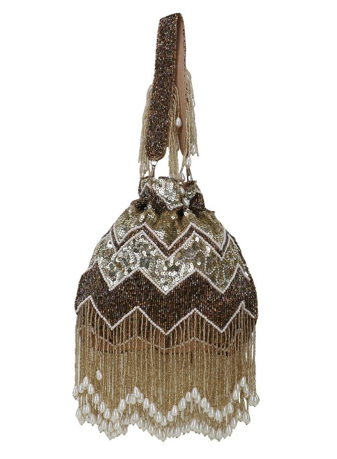Anekaant Dangle Gold & Copper Chevron Embellished Faux Silk Potli - Image 1